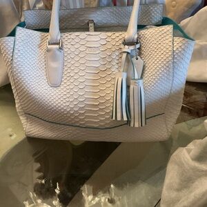 Authentic Coach White Embossed Crocodile Tote with Teal Trim and Tassels